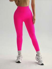 Seamless High-Elasticity Women's Solid Color Sports Leggings,Women Tuck In The Abdomen Leggings,Lift The Buttocks And Slim The Legs Leggings,Soft Touch Quick Dry Breathable Four-Way Stretch Hip Lift Leggings For Women,Multi-Color Options (Black/Brown/Blue/Green) - 玫紅色 - 查看 5
