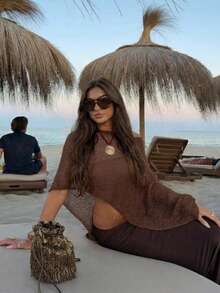 Women's Y2K Style Brown Knit Open Shoulder Top, Comfortable Loose Fit, Bohemian Sexy Beach Vacation Wear Summer - Red Coffee - View 4