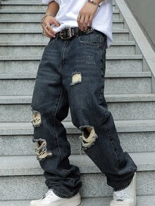 Men's Ripped Jeans Relaxed Fit Straight Leg Distressed Vintage Denim Pants Y2K Hip Hop Skater Streetwear Casual Trousers - 深色水洗藍 - 查看 4