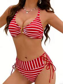 Women's 2 Piece Swimsuits Striped Print High Cut Bikini Set Summer Bathing Suits - Red - View 1
