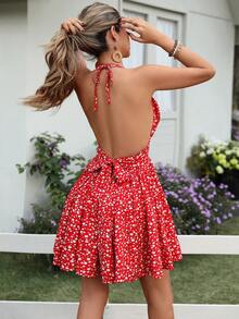 女士波西米亚风红色露背V领夏季连衣裙，无袖吊带性感露背修身腰部派对连衣裙，可爱蝴蝶结沙滩度假连衣裙 - 紅色 - 查看 1