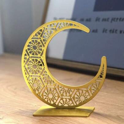 Artículo decorativo de estrella y luna de madera para Ramadán, decoración artesanal de Eid Al-Fitr, patrón tridimensional hueco de la luna, regalo de joyería musulmana de Eid Al-Fitr, suministros para fiestas de Ramadán, artículo de decoración del hogar, decoración de escena de habitación, decoración de escritorio y mesa, suministros para fiestas con tema de Ramadán Mubarak islámico