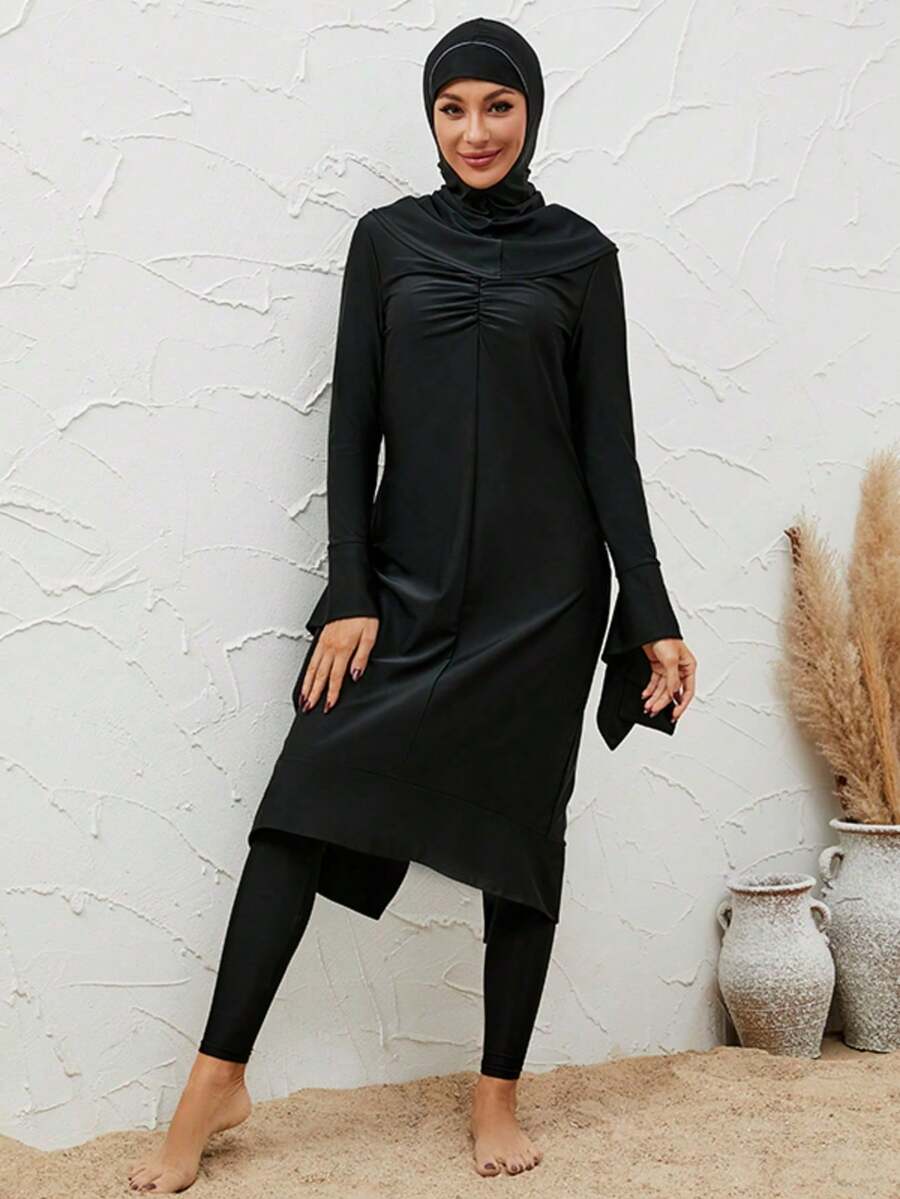 VFJ Dignified Women's Black Round Neck Full Coverage Burkini Swimwear, Long Sleeves, High Waist Leggings, Arabic Swimwear