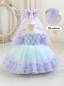 女婴波点泡泡袖蝴蝶结薄纱紫色婚礼派对礼服，优雅公主裙，适合女孩生日、周年纪念、派对、宴会、舞会、节日庆典等场合，附赠头饰 - 紫色 - 查看 3