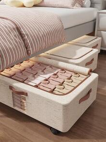 1pc Fabric Storage Box With Wheels, Foldable Portable Clothes Storage Bin, Removable Wheels, Dual Handles, Steel Frame Support For Wardrobe, Room, Dorm, Bedding, Bedroom Storage, Valentine's Day Gift & Decor - Beige - View 3