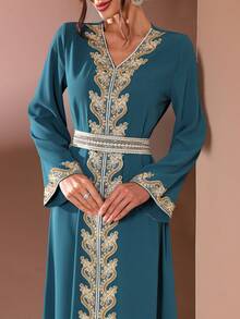 雪纺V领长袖镶嵌蕾丝腰带超长款女士阿拉伯连衣裙 春季 - 水鴨藍 - 查看 7