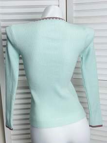 Spring/Summer New Contrast Color Round Neck Ribbed Knit Sweater Women, Long Sleeve Asymmetrical Hem Fitted Commuter Top - Baby Blue - View 10