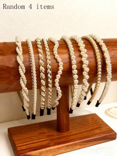 4件套 - 时尚珍珠发箍 - 女孩简约编织发箍 - 简约多功能发夹 - 乡村风旅行摄影发饰 - 仙女般珍珠发箍