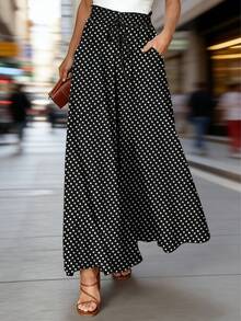 女士波点抽绳腰带休闲百搭阔腿裤，适合日常穿着 - 黑與白 - 查看 3