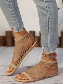 2025 Round Toe Flat Hollow Peep Toe Open Toe Rhinestone Sandals, Women Plus Size Casual Fishnet Breathable Slip-On Elastic Band Rhinestone Slouchy Shoes, In Stock - Gold - View 6