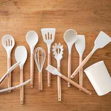 Juego 11 utensilios cocina silicona y madera con cubeta almacenamiento - Blanco - Ver 8