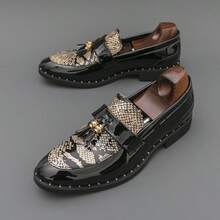 Formal Fashion Fish Scale Pattern Bohemian Tassel Loafers, Lightweight Men's Leather Shoes - Gold - View 1