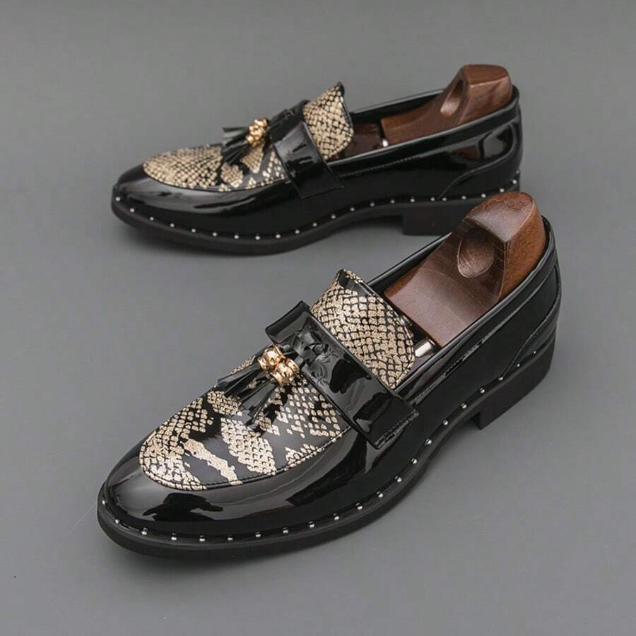 Formal Fashion Fish Scale Pattern Bohemian Tassel Loafers, Lightweight Men's Leather Shoes - Gold - View 1