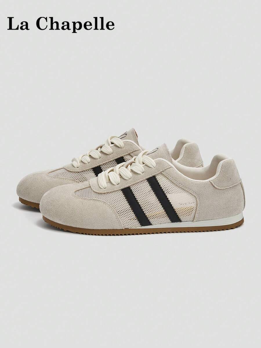 La Chapelle 女款厚底綁帶軟底休閒運動鞋 低筒平底鞋 戶外通勤鞋 圓頭低跟 純色優雅軟底登山鞋 適合學生畢業照穿著 女款低筒超纖維運動滑板鞋 - 米色 - 查看 1