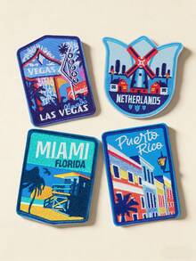 4pcs Travel Pattern Embroidered Patches, Country/City Commemorative Patches, Iron-On/Sew-On Patches, Suitable For Clothes, Jackets, Bags, Hats, Daily Wear, Creative Decorative Gifts, Ideal For Personalizing Travel Memories And Passport Holder Decoration - Travel Patterns - View 1