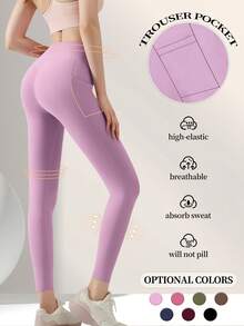 High-Waisted Yoga Pants With Pockets, Featuring A Solid Color, Soft Fabric, Excellent Elasticity, Medium Support, And A High-Waisted Design That Lifts And Shapes The Buttocks. Suitable For Running, Fitness, And Casual Wear. - 淡紫色 - 查看 2