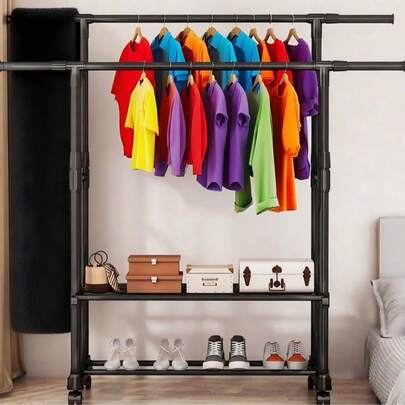 1 pièce Portant à vêtements autoportant, options de barre simple/double, convient pour le balcon, le salon, la chambre, peut être utilisé pour suspendre des vêtements, des sacs, ranger des chaussures et des costumes, installation facile, version à double barre avec roulettes pour une mobilité aisée, idéal pour organiser les vêtements et les articles.