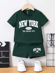 2pcs/Set Boys' Casual Multifunctional Minimalist Letter Print Short Sleeve T-Shirt And Shorts, Suitable For Outdoor, School, Vacation, Travel, Relaxation, Sunbathing And Other Summer Occasions - Dark Green - View 1