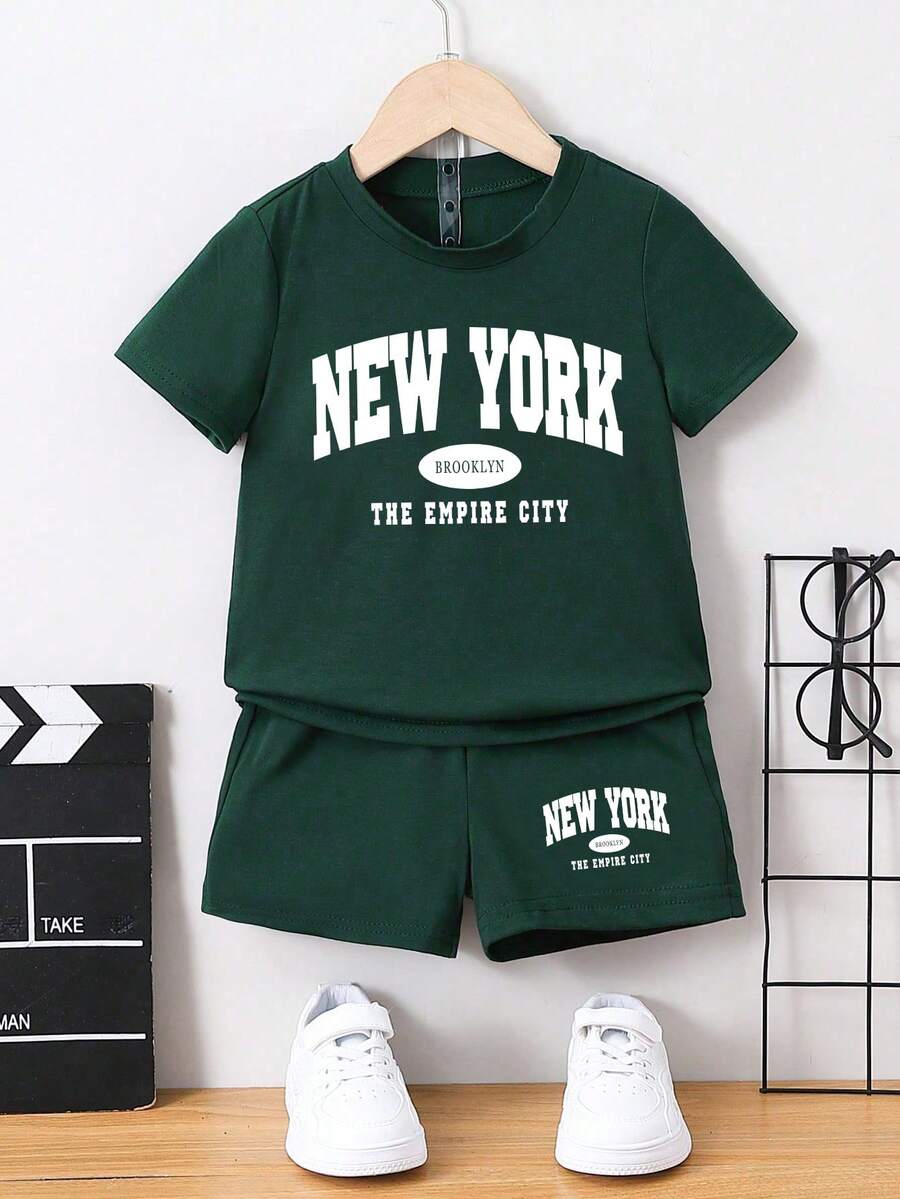 2pcs/Set Boys' Casual Multifunctional Minimalist Letter Print Short Sleeve T-Shirt And Shorts, Suitable For Outdoor, School, Vacation, Travel, Relaxation, Sunbathing And Other Summer Occasions - Dark Green - View 1