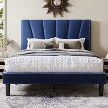 Allewie Full/Queen/King Size Bed Frame With Adjustable Velvet Upholstered Headboard, Rivet-Style Nailhead Trim Detail Platform Bed Frame, Wooden Slat Support, No Box Spring Needed, Easy Assembly, Blue - 藍色 - 查看 2