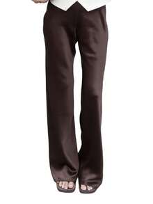 Pantalones para Mujer Marrón Sólidos, Cintura Elástica y Pierna Ancha Larga, Elegantes para Uso Casual y Fin de Semana en Verano - Marrón oscuro - Ver 7