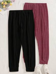2pcs Women's Plus Size Ribbed Cuffed Pajama Pants, All-Season Elastic Dual Pocket Design Practical Sleepwear, Can Be Worn As Loungewear - Multicolor - View 2