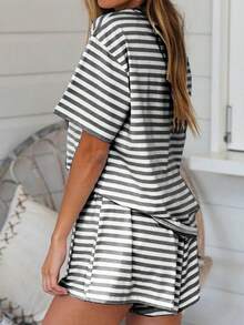 2-Piece Set, Simple And Fashionable, Stripes, Contrast Colors, Four Seasons, New Style, Loose, Casual, Tassel Drawstring, Pockets, Short-Sleeved Shorts, Home Clothes Set, Suitable For Family Wear - Dark Grey - View 3