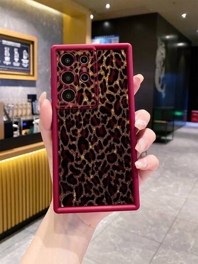 1个酒红色豹纹防震手机壳，UV印刷，适用于三星/Galaxy/Infinix/Redmi/OPPO/VIVO/Realme安卓机型