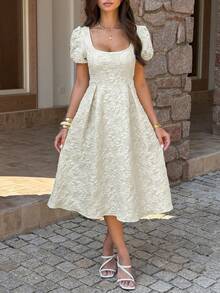 女士春夏优雅方领花瓣袖花卉纹理收腰喇叭下摆中长连衣裙，适合度假、婚礼、派对等场合。 - 米色 - 查看 10