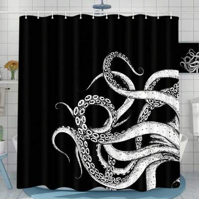 8-Piece Octopus Decor Shower Curtain Set, Black & White Sea Monster Kraken Gothic Style Shower Curtain With Hooks, Unique Novelty Ocean Gothic Style Bathroom Accessories