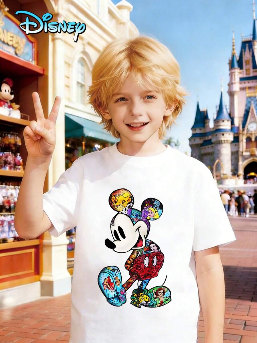 Printed With Disney Mickey Mouse Pattern, Disney Officially Authorized High-Quality Children's T-Shirts, Perfect Gifts, Fashionable Casual Wear, Children's Wear Boys, Boys' Gifts, Four Seasons, Creativity, Personalized T-Shirts. - 白色 - 查看 1