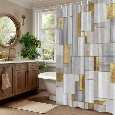 1件装时尚几何图案浴帘，现代抽象设计，灰色和金色方格图案，浴室装饰，家居浴室配件，男女皆宜的精美礼物