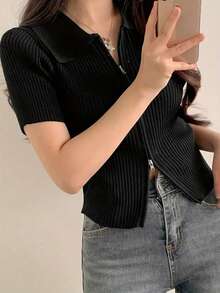 女款夏季休閒純色翻領拉鍊短袖針織開襟外套 黑色 - 黑色 - 查看 5