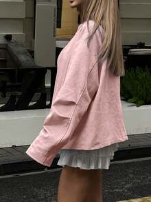 HUACAITA Bestselling Pink Faux Suede Jacket, Loose Fit Slimming Stand Collar Zipper Design Niche Sweet Girl Streetwear Short Outerwear - Pink - View 5