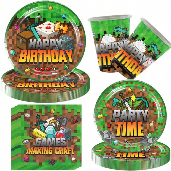50pcs Minecraft Themed Birthday Party Disposable Tableware Set, Including Pixel Style Tablecloth, Paper Cups, Paper Plates And Cutlery