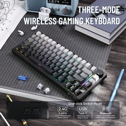  Teclado Mecânico Gamer Sem Fio ATTACK SHARK X820Ultra 75%, Suporta Switches Intercambiáveis, Design com Montagem em Junta, Retroiluminação RGB, Conectividade Bluetooth/2.4G/Com Fio, Personalizável, com Tela TFT Inteligente e Botão, Firmware QMK