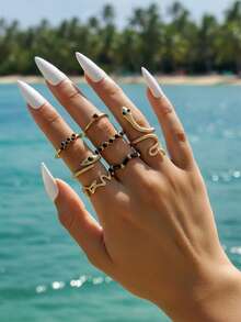 imoli 7 piezas Anillo serpiente & con diseño de diamante de imitación - Amarillo Oro - Ver 2