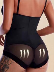 一件装加大码女士塑身衣，女士连体衣，加大码紧身胸衣带罩杯，三排搭扣设计方便如厕，时尚性感网纱紧身衣，凸显身材曲线，收腰提臀，塑造胸型，可外穿，多功能塑身衣，舒适贴身塑形内衣，轻盈弹力面料，保持女性优美身形 - 黑色 - 查看 4