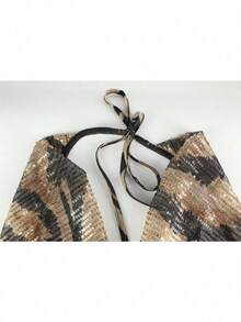 Hot  New Sleeveless Neck Deep V Leopard Print Spice Girl High Waist Slim Hip Wrap Dress Temperament Evening Dress - Mocha Brown - View 5