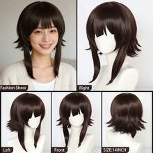 Medium Length Fluffy Layered Straight Jellyfish Cut Bob Anime Cosplay Wig With Bangs, Heat Resistant Synthetic Blue Brown Costume Party Wig, Funny Cartoon Character Hair For Men Women Holiday Comic Con Exhibition Masquerade Decorations & Festival Stage Performance Accessories & Birthday Gifts & Vacation Daily Use - Multicolor - View 4