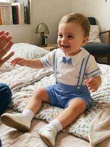 2Pcs Mamas Boy Baby Clothes Summer Outfits Short Sleeve Bowtie Romper And Suspender Shorts Set Mother's Day Valentines Gentleman Outfit - Blue - View 3