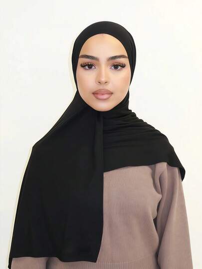 1pc Women's Simple Classic Solid Color Elegant Casual Fringe Scarf, Premium Knit Fabric Viscose Jersey Hijabs Scarf, Long Turban Style Headscarf, Suitable For Daily Life, Outings And Gatherings