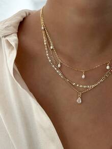 1 Stück Wassertropfen Anhänger Halskette für Frauen, mehrlagige Kette Choker, modischer weiblicher Party Glanz Schmuck Geschenk - Goldgelb - Übersicht 5