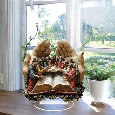 1 pieza Decoración de sobremesa de estilo bohemio con mano de acrílico y la Última Cena - Adorno de escritorio multiusos de estilo boho para oficina, cafetería, hogar, regalo ideal de cumpleaños o inauguración de la casa, sin necesidad de electricidad