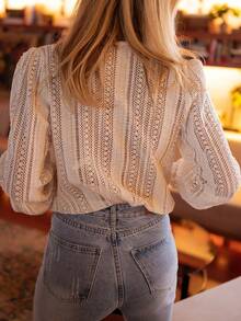 女士休闲V领纯色长袖衬衫 - 杏色 - 查看 2