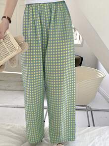 3 piezas Pantalones casuales holgados a cuadros para mujer, de colores caramelo, de cintura alta, de pierna recta, ligeros para verano e invierno - Multicolor - Ver 3