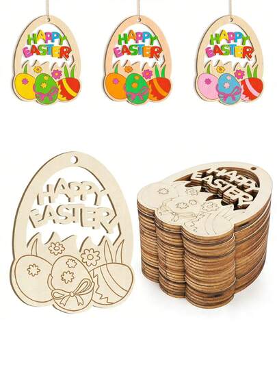 Easter Wooden Eggs With Strings, Wooden Easter Eggs, Happy Easter Bunny Flower Slice Decorations, Handmade Easter Crafts, Wooden Easter Hanging Decorations, DIY Easter Decorations, Party Supplies, With Strings, Spring Easter Wood Shavings Decor, Suitable For Party And Home Decoration