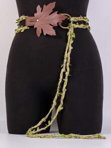 一套绿色叶子手工编织绳和PU皮革扣环，复古维京市场LARP精灵森林角色扮演服装道具DIY挂绳，文艺复兴时期万圣节、狂欢节、斋月配饰 - 彩色 - 查看 6