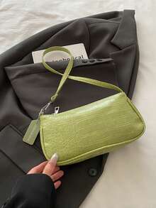 女士鳄鱼纹法棍包，新款时尚手提包，配有肩带，简约腋下包 - 綠色 - 查看 7