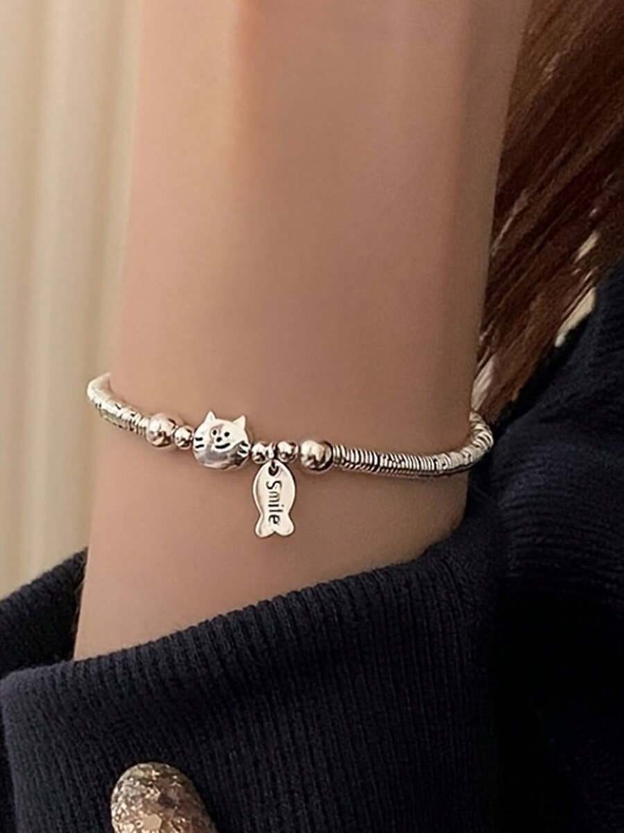 1件 时尚奢华可爱猫咪吃鱼手链，精致高端甜美百搭女士配饰 - 銀色 - 查看 1